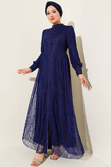 Brit Düğmeli Dantelli Abiye Elbise Lacivert - Elbise