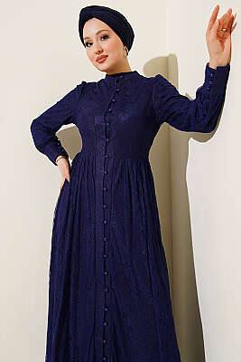 Brit Düğmeli Dantelli Abiye Elbise Lacivert - Elbise