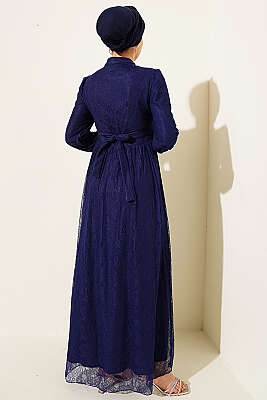 Brit Düğmeli Dantelli Abiye Elbise Lacivert - Elbise