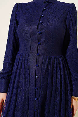 Brit Düğmeli Dantelli Abiye Elbise Lacivert - Elbise