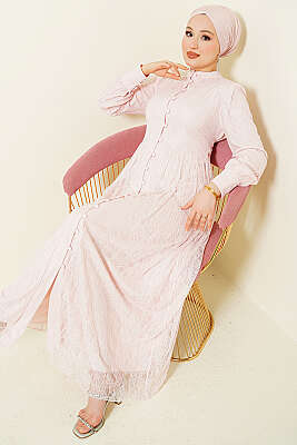 Brit Düğmeli Dantelli Abiye Elbise Pudra 