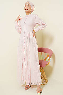 Brit Düğmeli Dantelli Abiye Elbise Pudra - Elbise