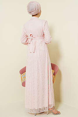 Brit Düğmeli Dantelli Abiye Elbise Pudra - Elbise