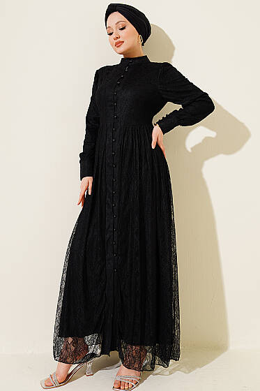 Brit Düğmeli Dantelli Abiye Elbise Siyah - Elbise