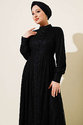 Brit Düğmeli Dantelli Abiye Elbise Siyah - Elbise