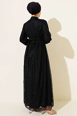 Brit Düğmeli Dantelli Abiye Elbise Siyah - Elbise