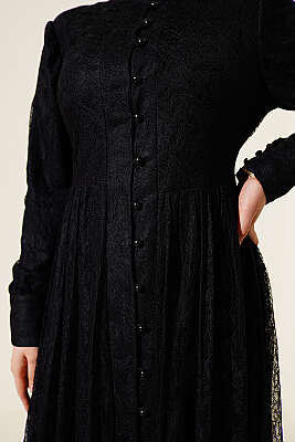 Brit Düğmeli Dantelli Abiye Elbise Siyah - Elbise