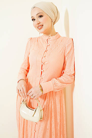 Brit Düğmeli Dantelli Abiye Elbise Yavru Ağzı - Elbise