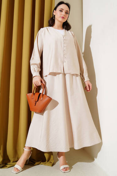 Brit Düğmeli Etekli İkili Takım Bej - İkili Takım