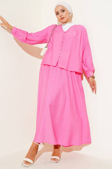 Brit Düğmeli Etekli İkili Takım Pembe - İkili Takım