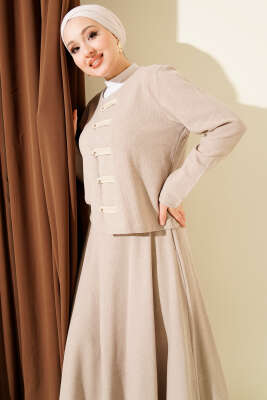 Brit Düğmeli Fitilli Kaşe Etekli İkili Takım Bej - İkili Takım