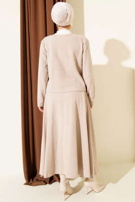 Brit Düğmeli Fitilli Kaşe Etekli İkili Takım Bej - İkili Takım