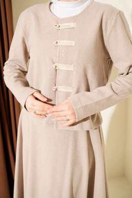 Brit Düğmeli Fitilli Kaşe Etekli İkili Takım Bej - İkili Takım