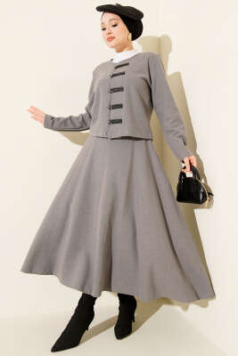 Brit Düğmeli Fitilli Kaşe Etekli İkili Takım Gri - SAS