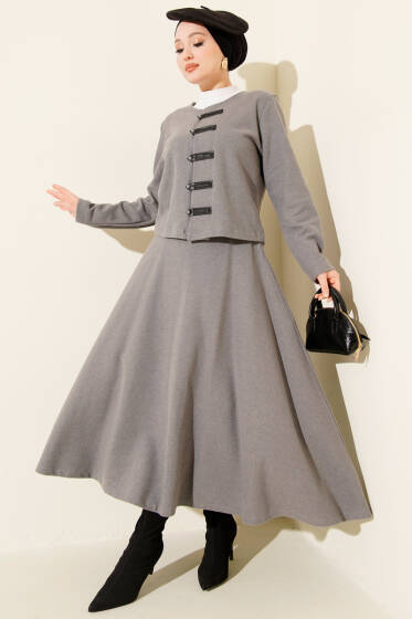 Brit Düğmeli Fitilli Kaşe Etekli İkili Takım Gri - İkili Takım