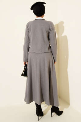Brit Düğmeli Fitilli Kaşe Etekli İkili Takım Gri - İkili Takım