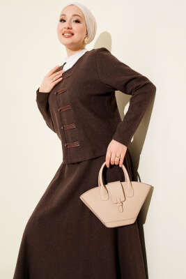 Brit Düğmeli Fitilli Kaşe Etekli İkili Takım Kahve - İkili Takım