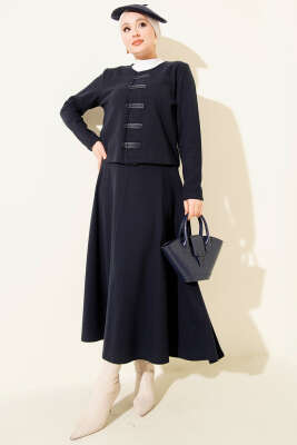 Brit Düğmeli Fitilli Kaşe Etekli İkili Takım Lacivert - SAS