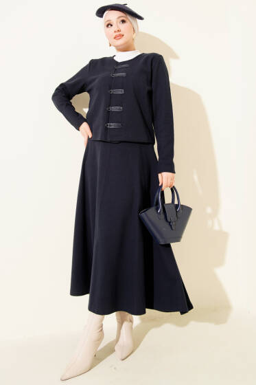 Brit Düğmeli Fitilli Kaşe Etekli İkili Takım Lacivert - İkili Takım