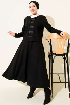 Brit Düğmeli Fitilli Kaşe Etekli İkili Takım Siyah - SAS