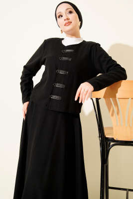 Brit Düğmeli Fitilli Kaşe Etekli İkili Takım Siyah - İkili Takım