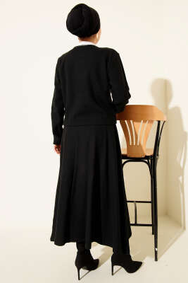 Brit Düğmeli Fitilli Kaşe Etekli İkili Takım Siyah - İkili Takım