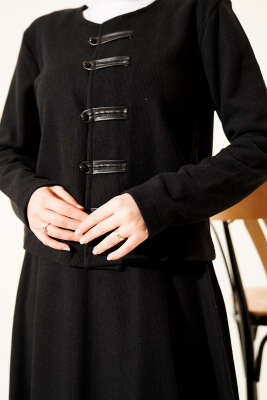 Brit Düğmeli Fitilli Kaşe Etekli İkili Takım Siyah - İkili Takım