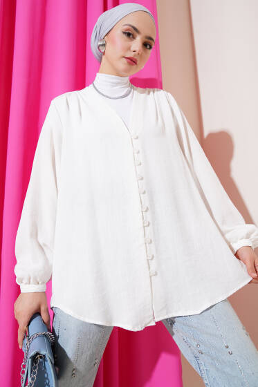 Brit Düğmeli Gömlek Ekru - Gömlek