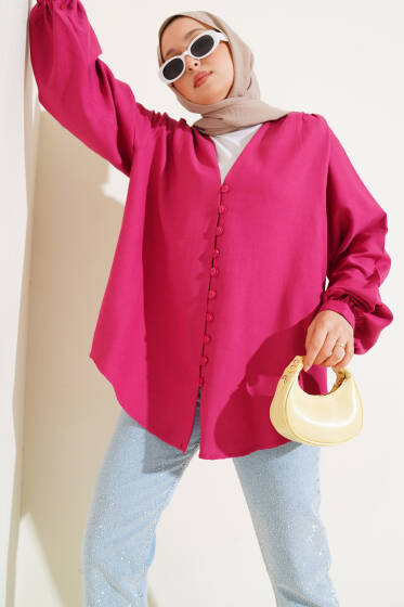 Brit Düğmeli Gömlek Fuşya - Gömlek