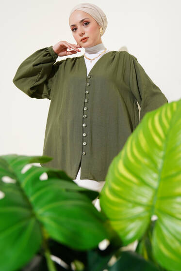 Brit Düğmeli Gömlek Haki - Gömlek