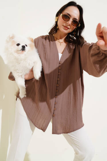 Brit Düğmeli Gömlek Kahve - Gömlek