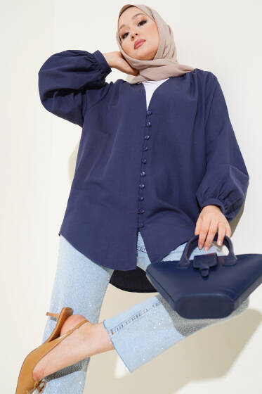 Brit Düğmeli Gömlek Lacivert - Gömlek