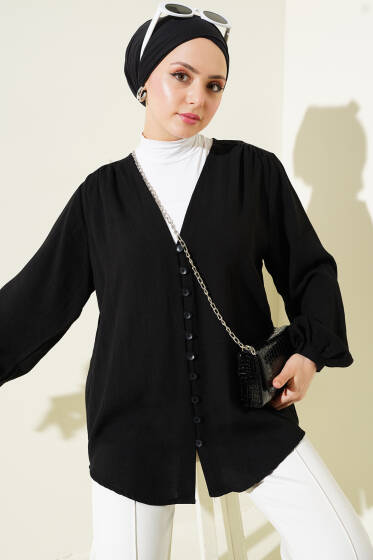 Brit Düğmeli Gömlek Siyah - Gömlek