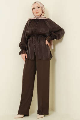 Brit Düğmeli Gül Detaylı Abiye Gömlek Acı Kahve - Bayram Kombinleri