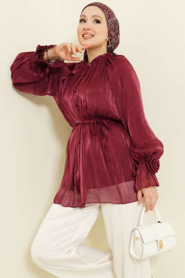 Brit Düğmeli Gül Detaylı Abiye Gömlek Bordo - BERAT TEKSTİL