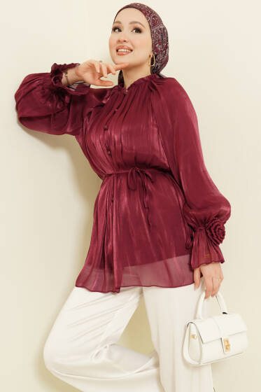 Brit Düğmeli Gül Detaylı Abiye Gömlek Bordo - Bayram Kombinleri