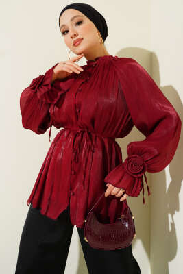 Brit Düğmeli Gül Detaylı Abiye Gömlek Bordo - BERAT TEKSTİL