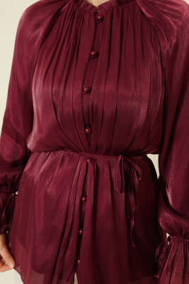 Brit Düğmeli Gül Detaylı Abiye Gömlek Bordo - Gömlek