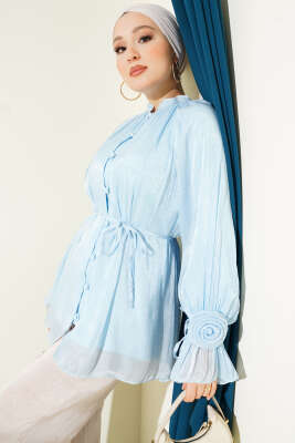 Brit Düğmeli Gül Detaylı Abiye Gömlek Buz Mavisi - BERAT TEKSTİL