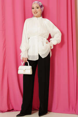 Brit Düğmeli Gül Detaylı Abiye Gömlek Ekru - Bayram Kombinleri