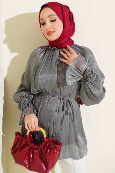 Brit Düğmeli Gül Detaylı Abiye Gömlek Füme - Gömlek