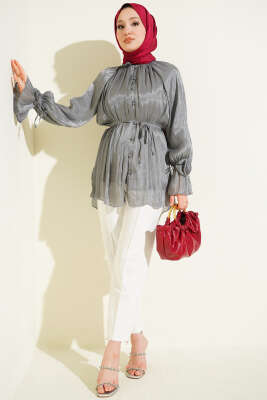 Brit Düğmeli Gül Detaylı Abiye Gömlek Füme - Gömlek