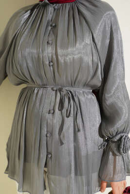 Brit Düğmeli Gül Detaylı Abiye Gömlek Füme - Gömlek