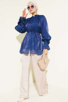 Brit Düğmeli Gül Detaylı Abiye Gömlek Lacivert 