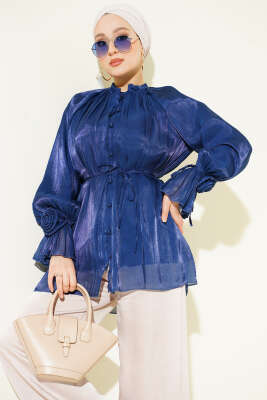 Brit Düğmeli Gül Detaylı Abiye Gömlek Lacivert - Gömlek