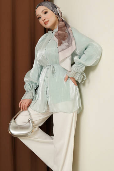 Brit Düğmeli Gül Detaylı Abiye Gömlek Mint - Gömlek