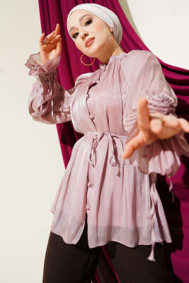 Brit Düğmeli Gül Detaylı Abiye Gömlek Pudra 