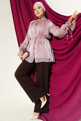 Brit Düğmeli Gül Detaylı Abiye Gömlek Pudra - Gömlek