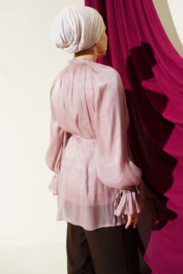 Brit Düğmeli Gül Detaylı Abiye Gömlek Pudra - Gömlek