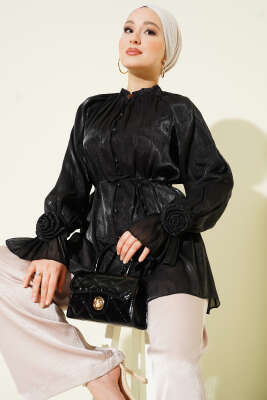 Brit Düğmeli Gül Detaylı Abiye Gömlek Siyah 